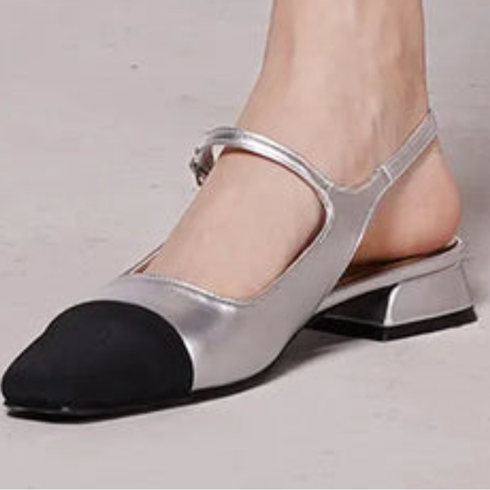 New C.Paravano Silver & Black leather Slingback Square Toe Ankle Strap Sandals 7